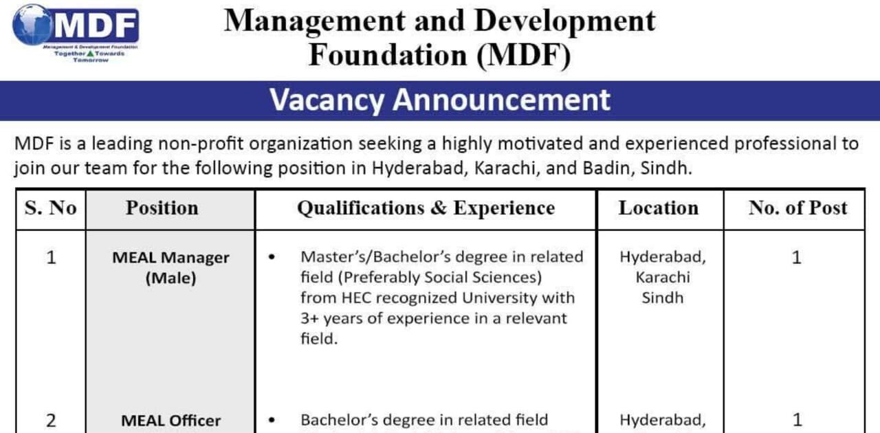 latest mdf jobs,latest management and development foundation jobs in sindh 2026,mdf jobs in karachi 2026,meal officer jobs 2026,apply management and development foundation 2026,latest ngo jobs in sindh 2026,